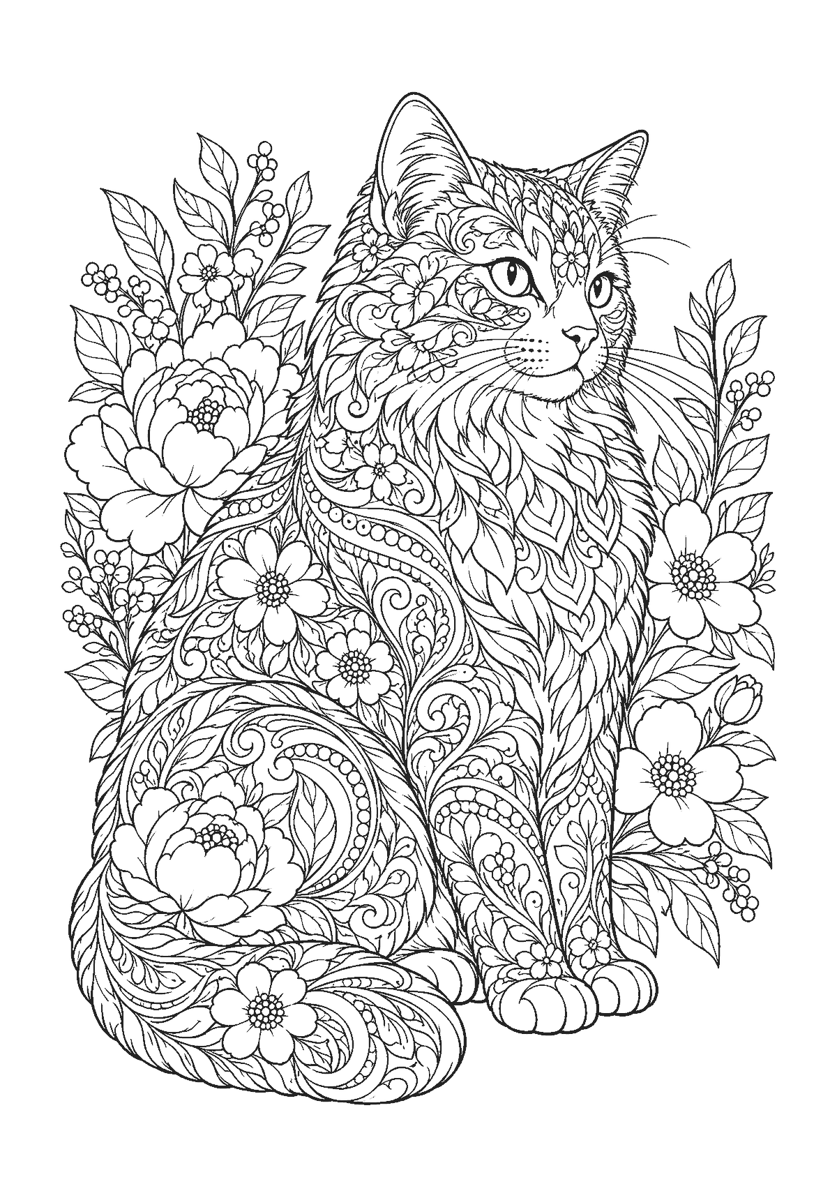 Coloriage d’un chat assis au pelage rempli de motifs zentangle et de fleurs
