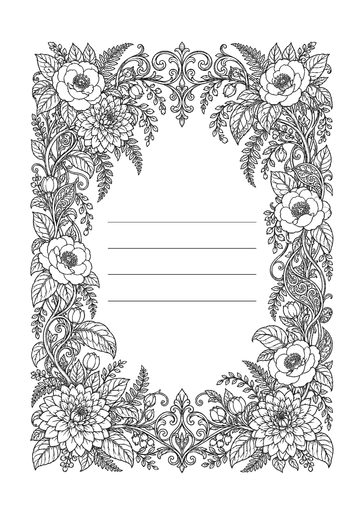 Page de carnet de gratitude à colorier : cadre de fleurs et feuillages autour de lignes pour écrire