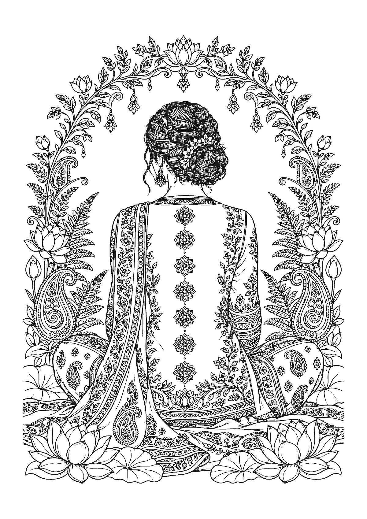 Coloriage d’une femme en méditation vue de dos, sept fleurs alignées le long du dos, lotus et feuillages