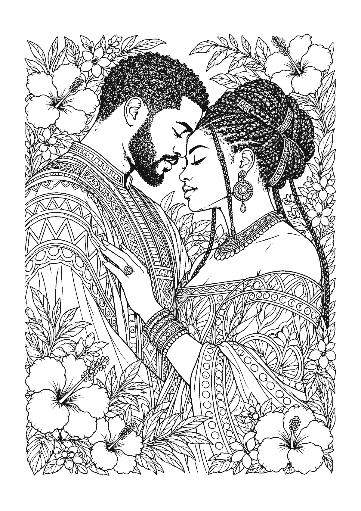 Coloriage d’un couple noir front contre front, yeux fermés, en tuniques à motifs, entouré de fleurs