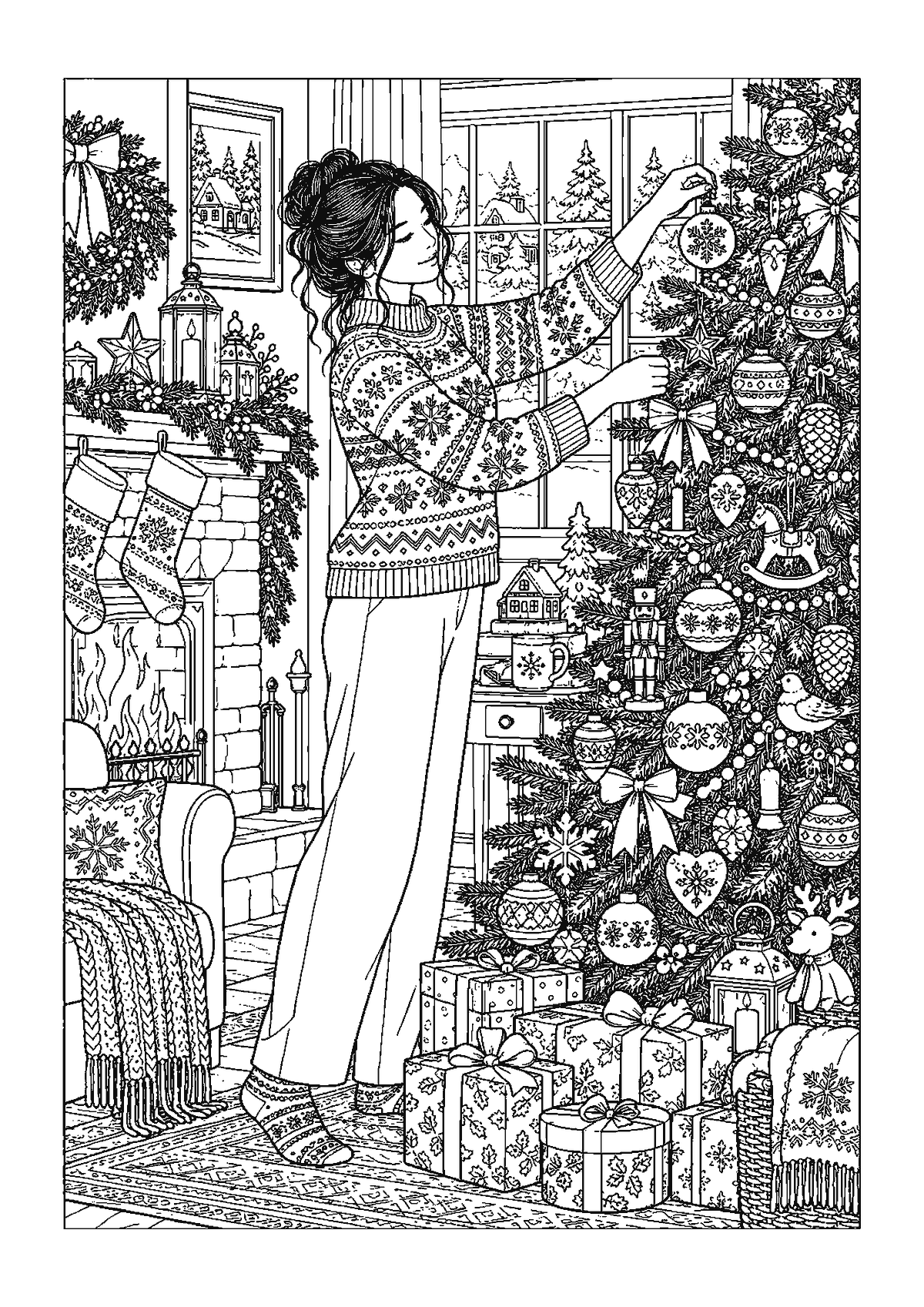 Coloriage d’une femme en pull nordique qui décore un sapin de Noël dans un salon avec cheminée et cadeaux