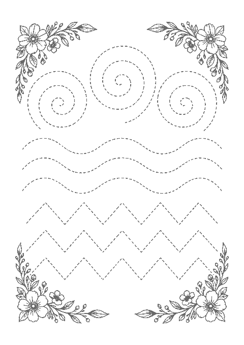Page de lignes à tracer en pointillés : spirales, vagues et zigzags, avec bouquets aux coins