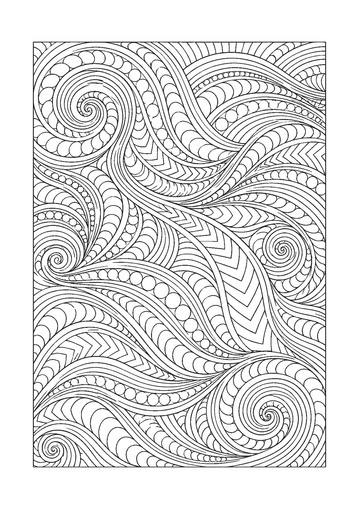 Coloriage anti-stress de vagues et spirales remplies de motifs répétitifs