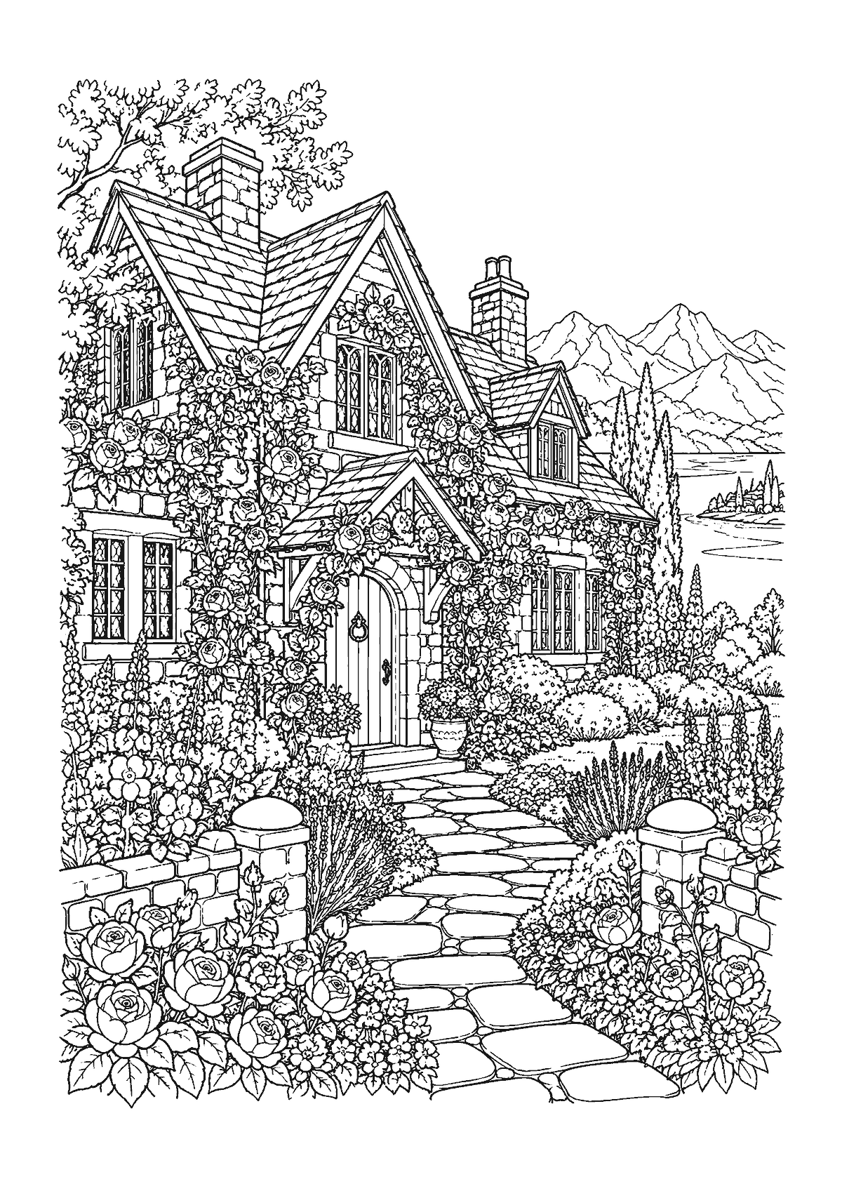 Coloriage d’un cottage en pierre couvert de rosiers grimpants, chemin pavé et jardin fleuri