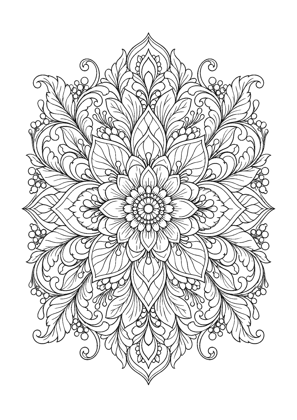 Coloriage d’un mandala floral détaillé avec pétales, feuilles et baies autour d’une fleur centrale