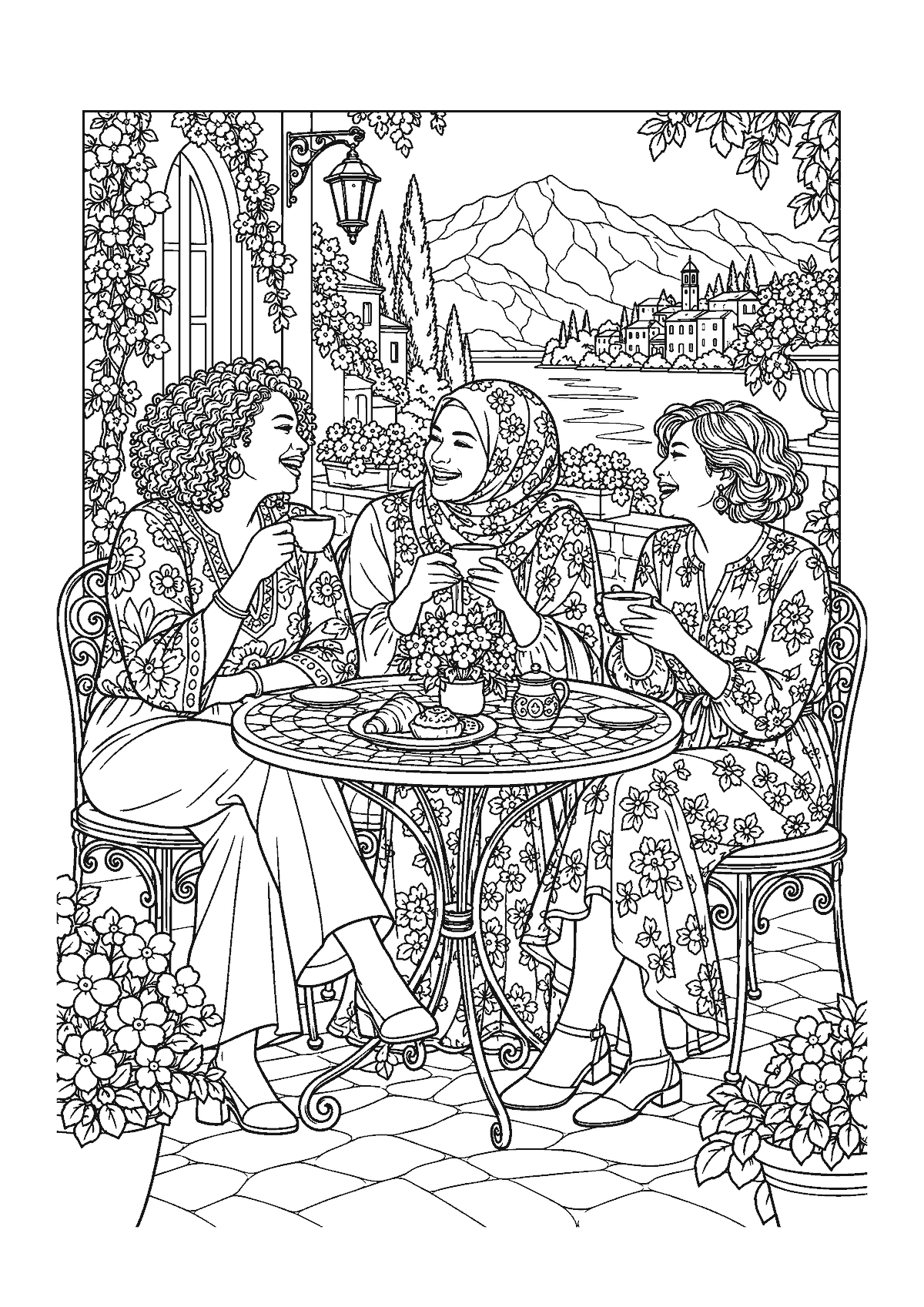 Coloriage de trois amies de cultures différentes qui rient en terrasse de café