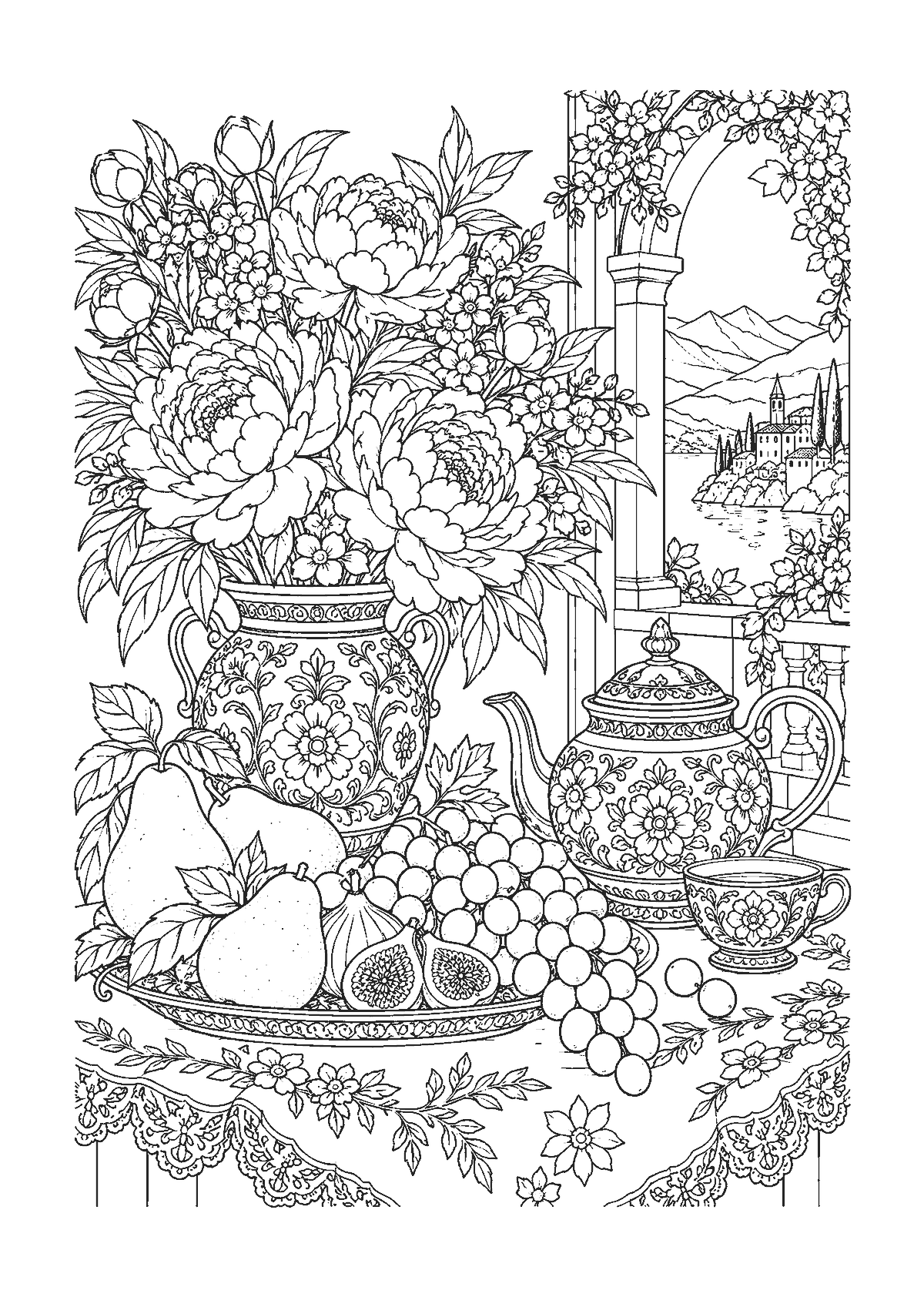 Coloriage d’une nature morte avec vase de pivoines, théière ancienne, fruits et nappe brodée