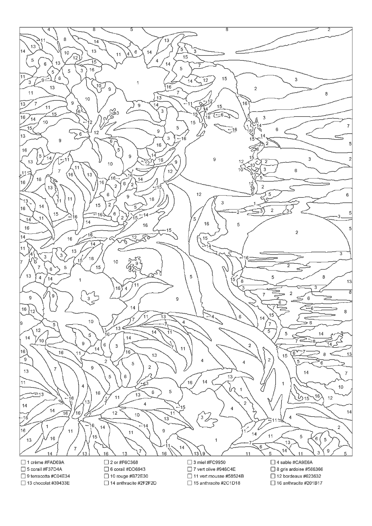 Coloriage par numéros d’un profil de femme aux cheveux fleuris devant un coucher de soleil