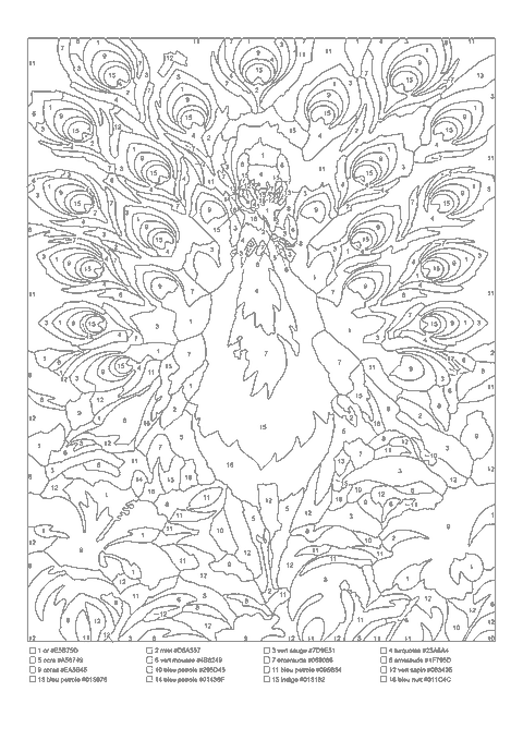 Coloriage par numéros d’un paon à la queue déployée, ocelles et fleurs