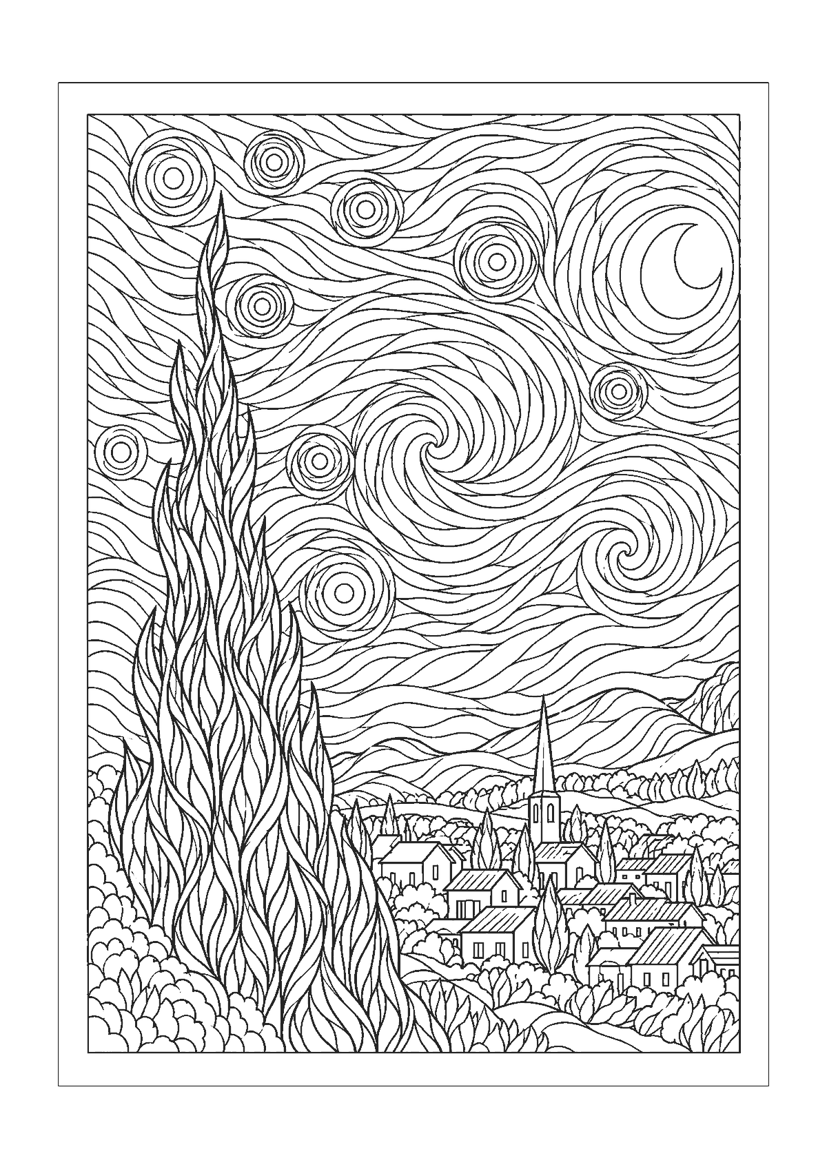 Coloriage de La Nuit étoilée d’après Van Gogh : ciel en tourbillons, cyprès et village