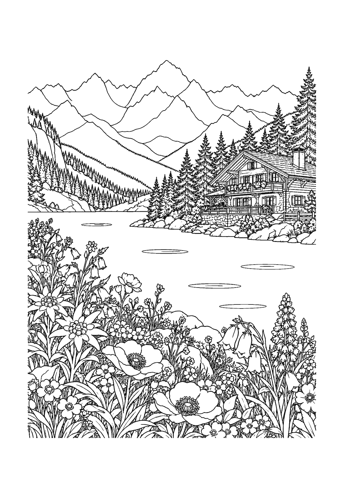Coloriage d’un lac de montagne avec chalet, sapins et fleurs sauvages au premier plan