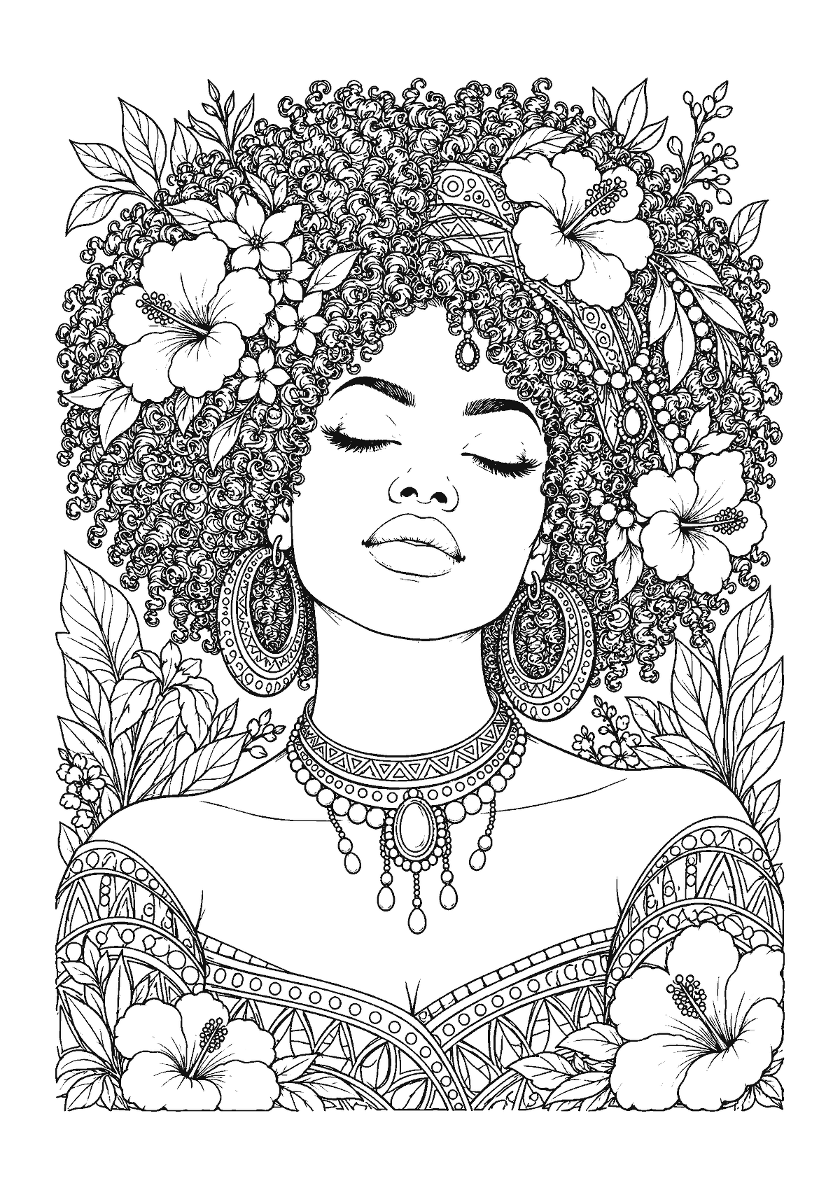 Coloriage d’une femme afro aux yeux fermés, cheveux crépus remplis de fleurs d’hibiscus et grandes créoles