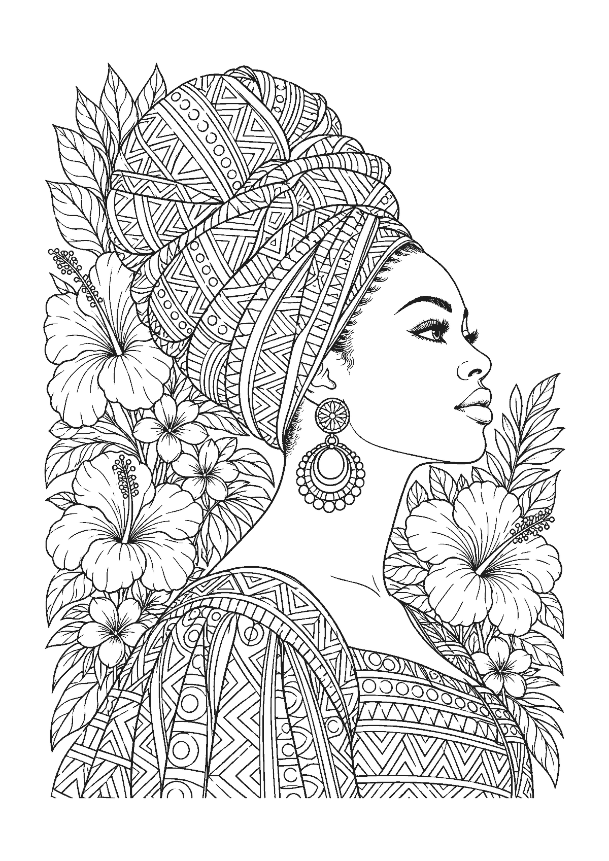 Coloriage d’une femme de profil portant un foulard wax noué haut aux motifs géométriques, entourée d’hibiscus