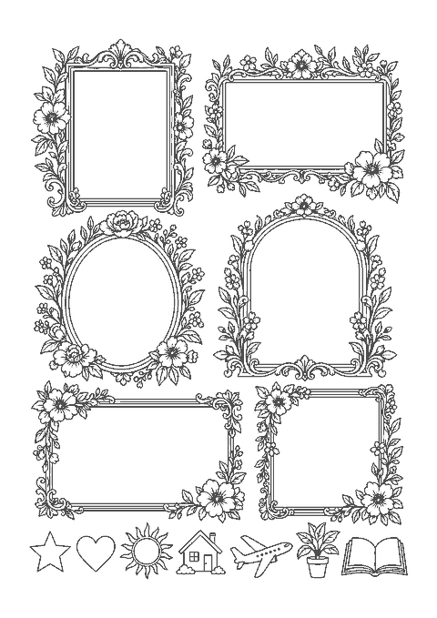 Vision board à colorier : six cadres fleuris vides et petits motifs à découper