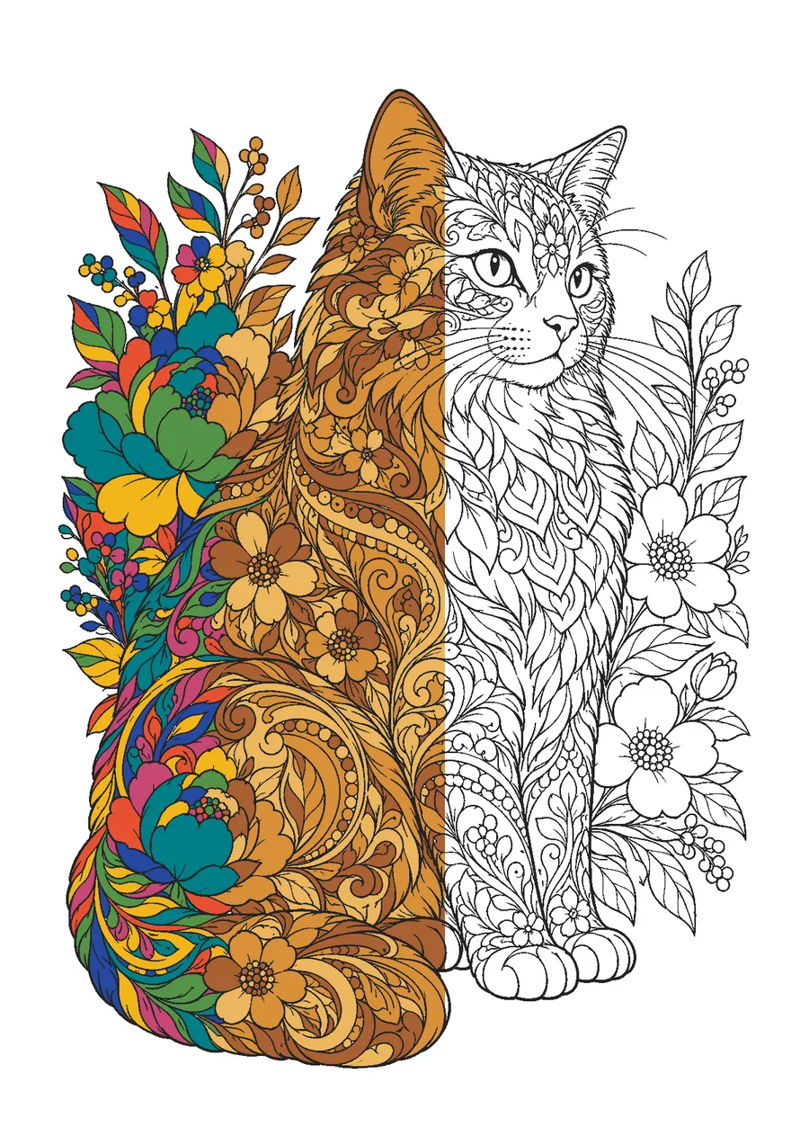 Coloriage de chat zentangle à moitié colorié